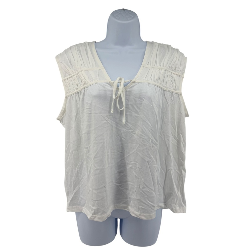 LOFT Shirred Tie Neck Top Women's M White Cotton Modal Sleeveless NWT